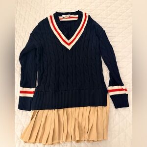 Navy V-Neck Cable Knit Sweater with Red and White Accents